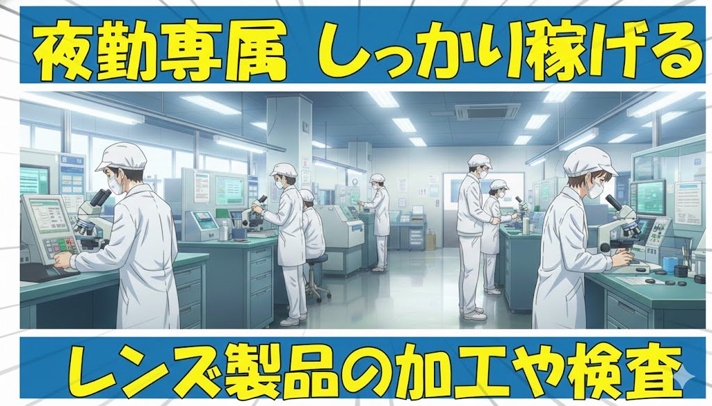 カメラレンズ等の検査や加工業務//高時給のおススメ案件/遅番固定でしっかり稼げる