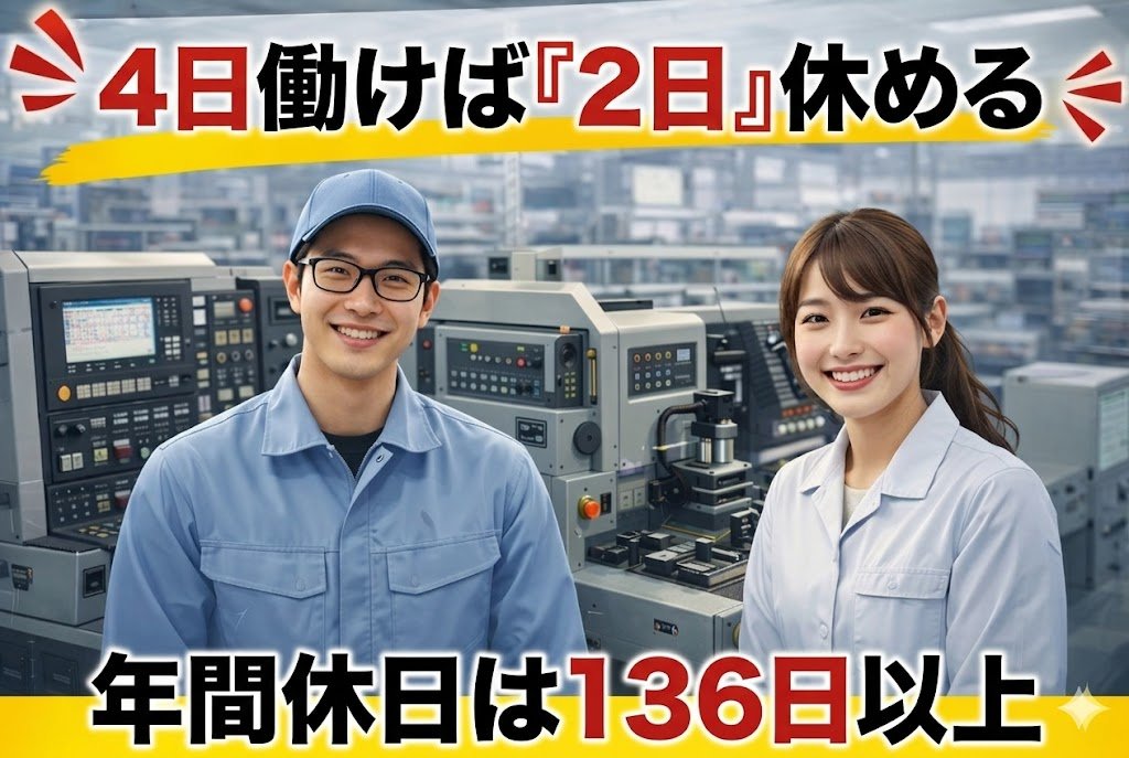 小型製品の製造スタッフ//組込み残業で稼げます/年間休日多め4勤2休のシフト/