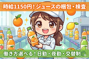 フルーツジュースの梱包検査作業//時給1100円/固定勤務OK/月平均21日出勤