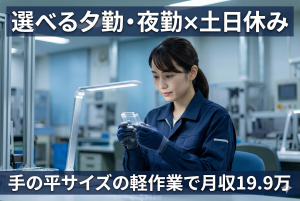 軽量プラスチック部品の検査作業//残業少ない/軽作業/勤務選べる