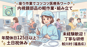 時給1,220円の座り作業の加工・組立/日勤のみ・土日休み・未経験歓迎/東白川郡 鮫川村